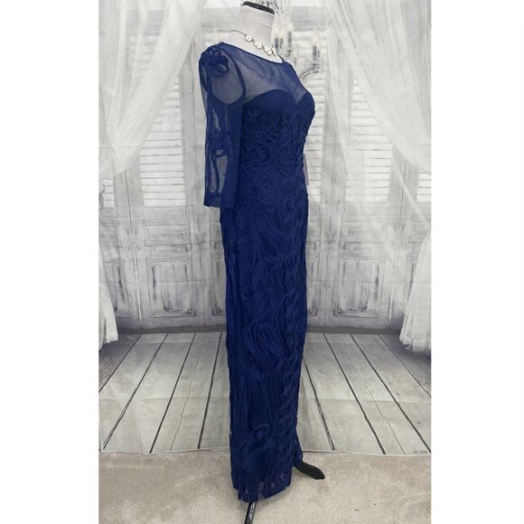 JS Collections Size 6 Navy Blue Illusion Yoke Soutache Column Gown Full Length - Picture 5 of 16